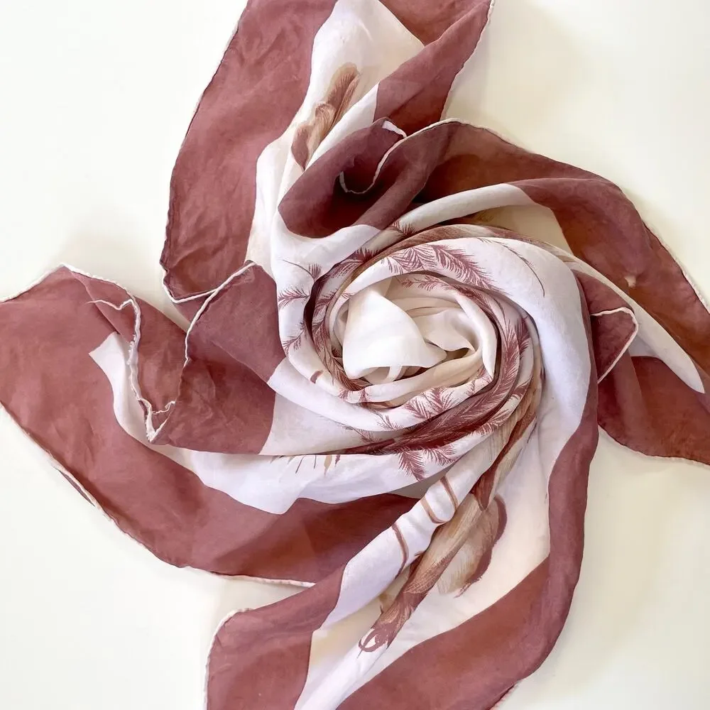 Vintage 70s Silk Scarf‎ Square Neutral Brown Floral Border Print Quiet Luxury